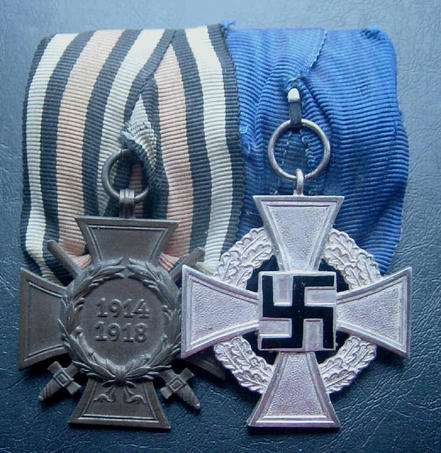 German Third Reich Mounted Medal Pair 25 Year Service and WW1 Honour Cross