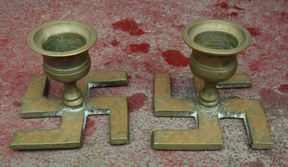Vintage Swastika Base Brass Good Luck Candlesticks Pair
