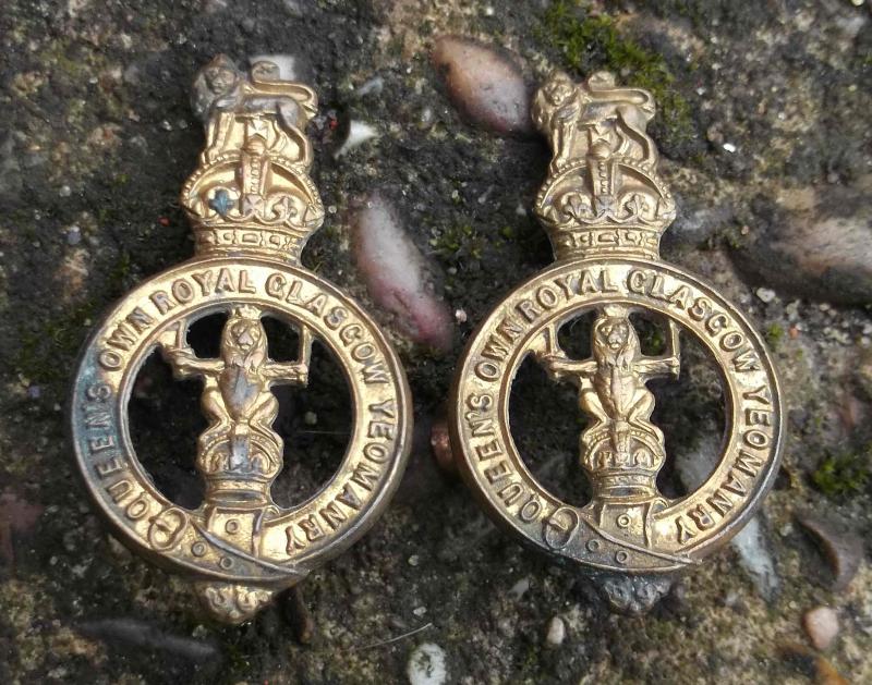 British Army Glasgow Yeomanry Collar Badges Pair Kings Crown