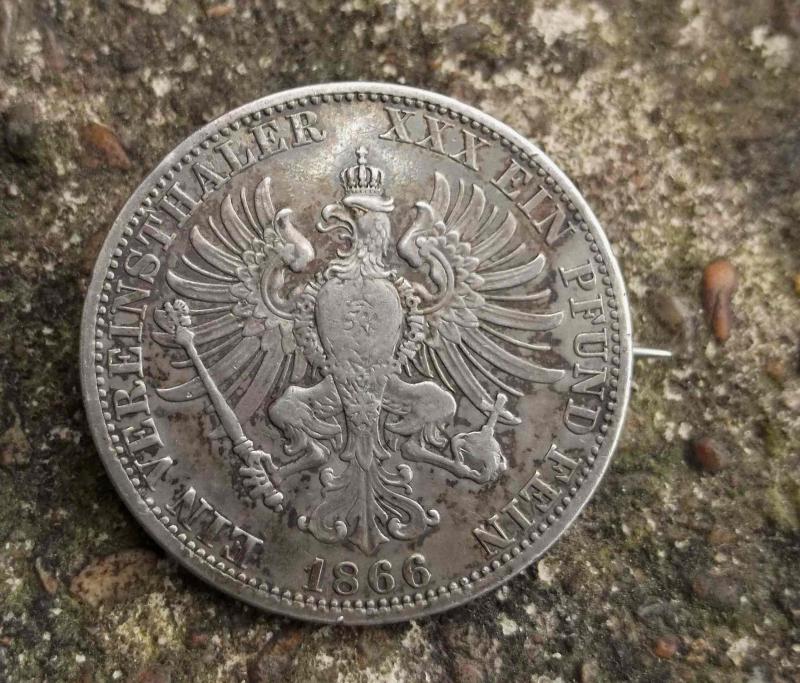 Prussia 1866 Thaler Silver Coin Brooch Imperial Germany