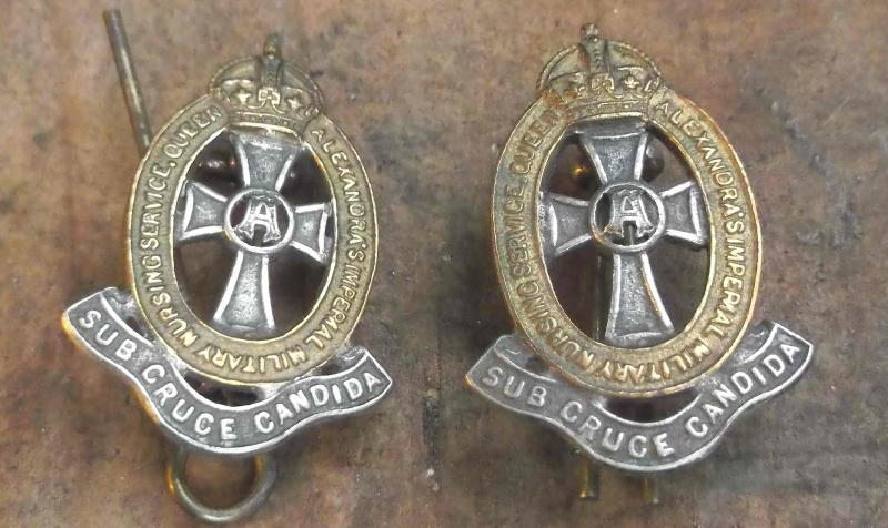 British Queen Alexandra King's Crown Pair Collar Badges QAIMNS